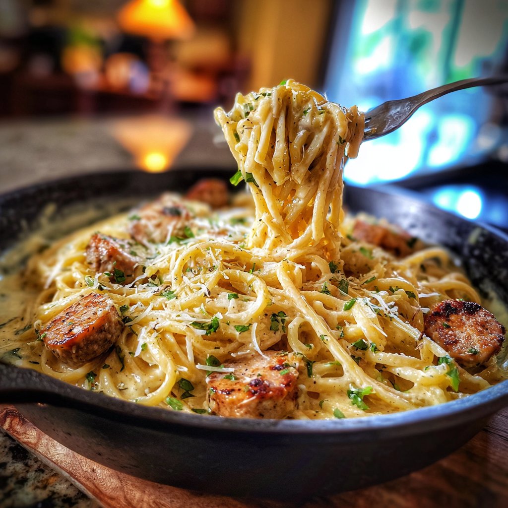 One Pot Creamy Garlic Sausage Pasta