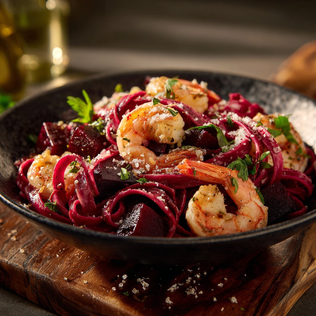 Roasted Beet and Shrimp Pasta